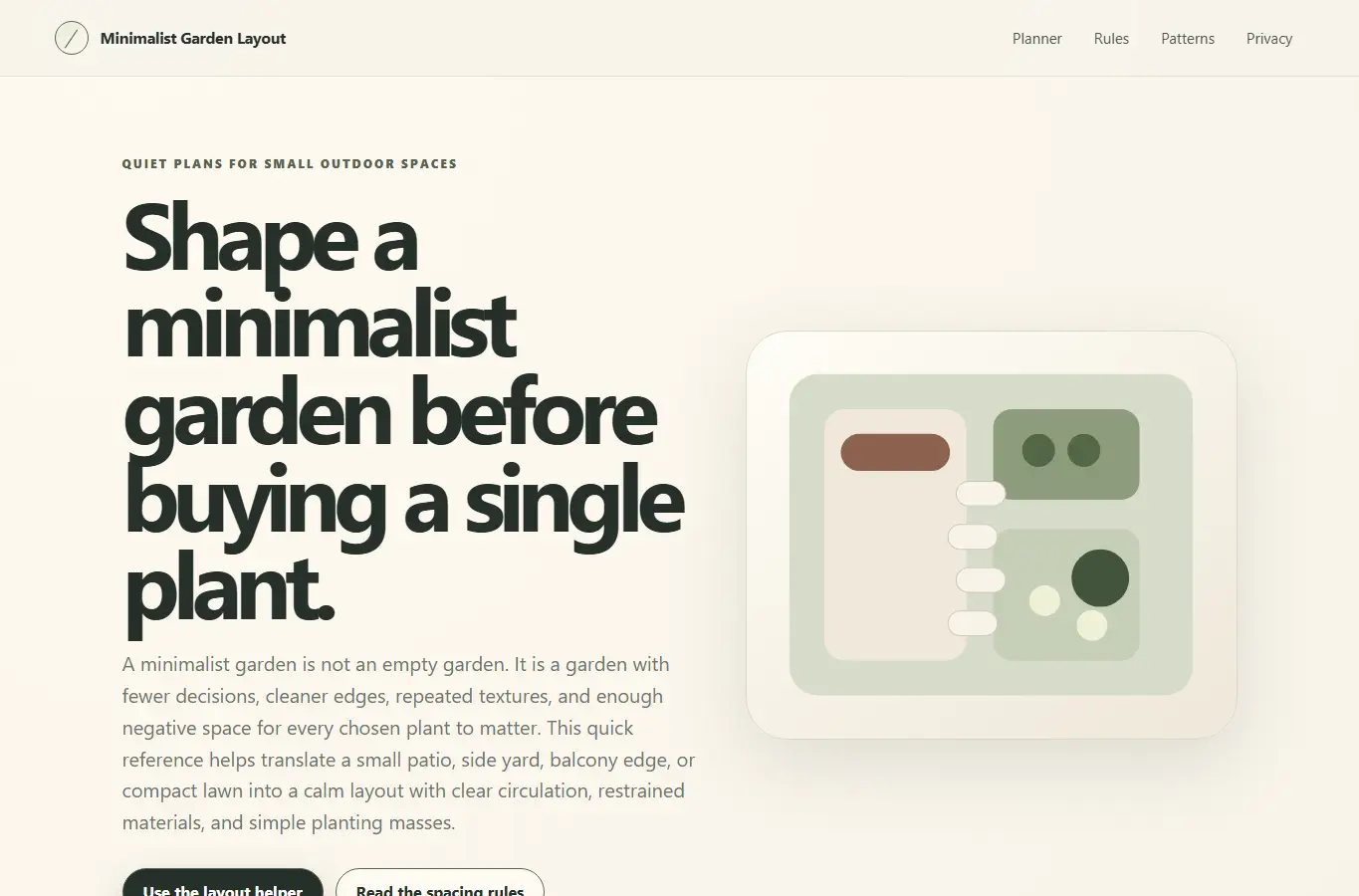 Screenshot of Minimalist Garden Layout interface showing the project page in use
